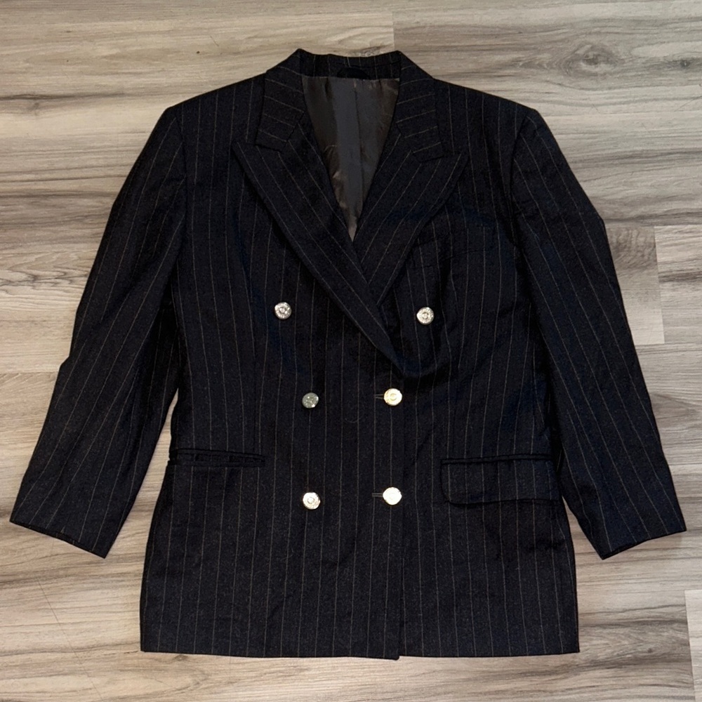 Elegant Double-Breasted Black VTG Pinstripe Blazer 3/4 sleeve patrick hellman